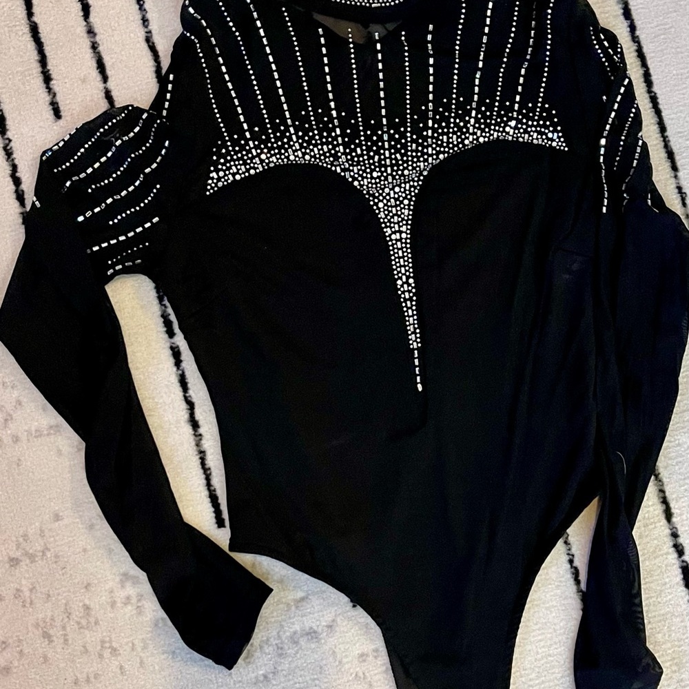 Black Sheer Rhinestone Embellished Top/Bodysuit - Picture 2 of 5